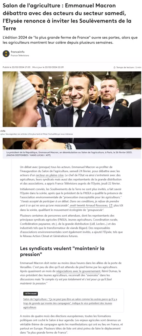 Screenshot 2024 02 23 at 01 36 20 Salon de lagriculture Emmanuel Macron débattra avec des acteurs du secteur samedi lElysée renonce à inviter les Soulèvements de la Terre